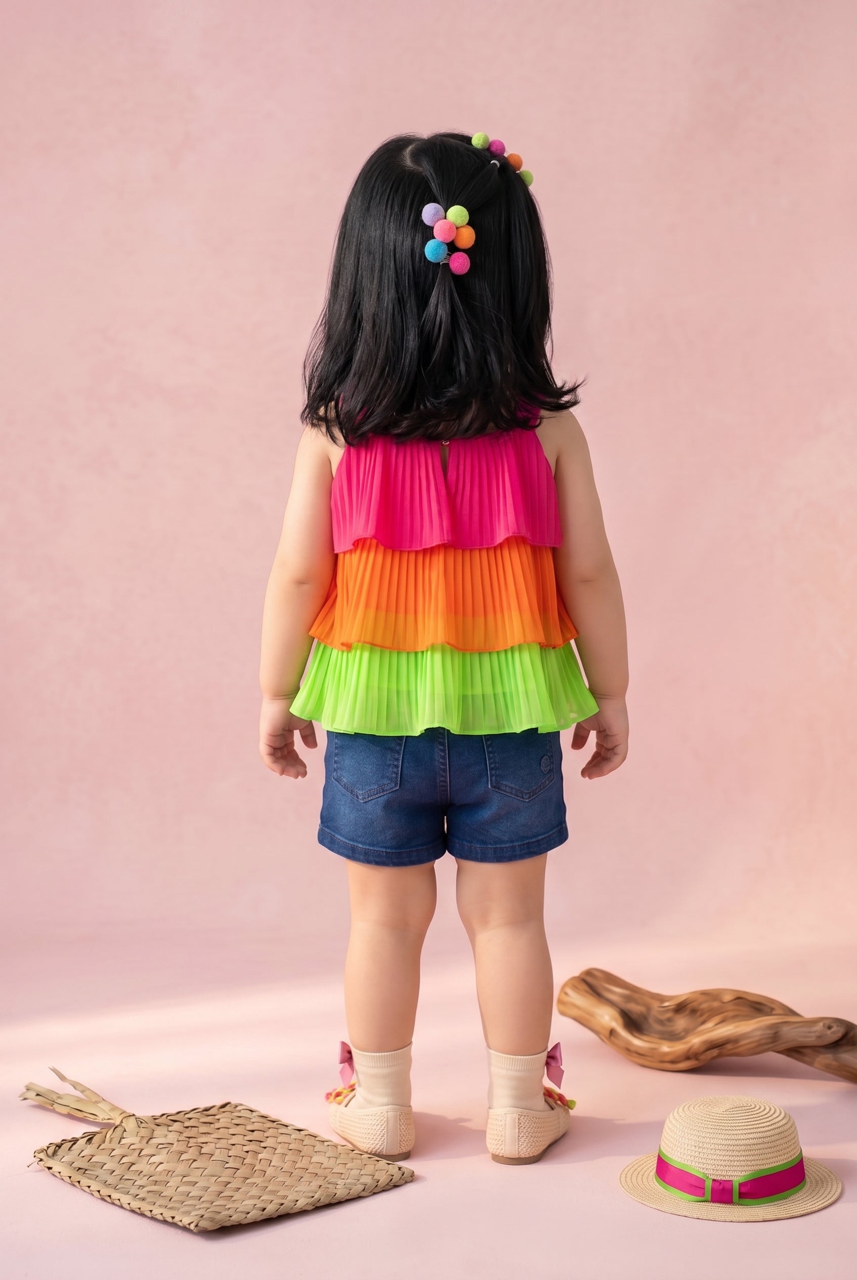Neon Tiered Ruffle Top with Denim Shorts Co-ord Set TSSET40401