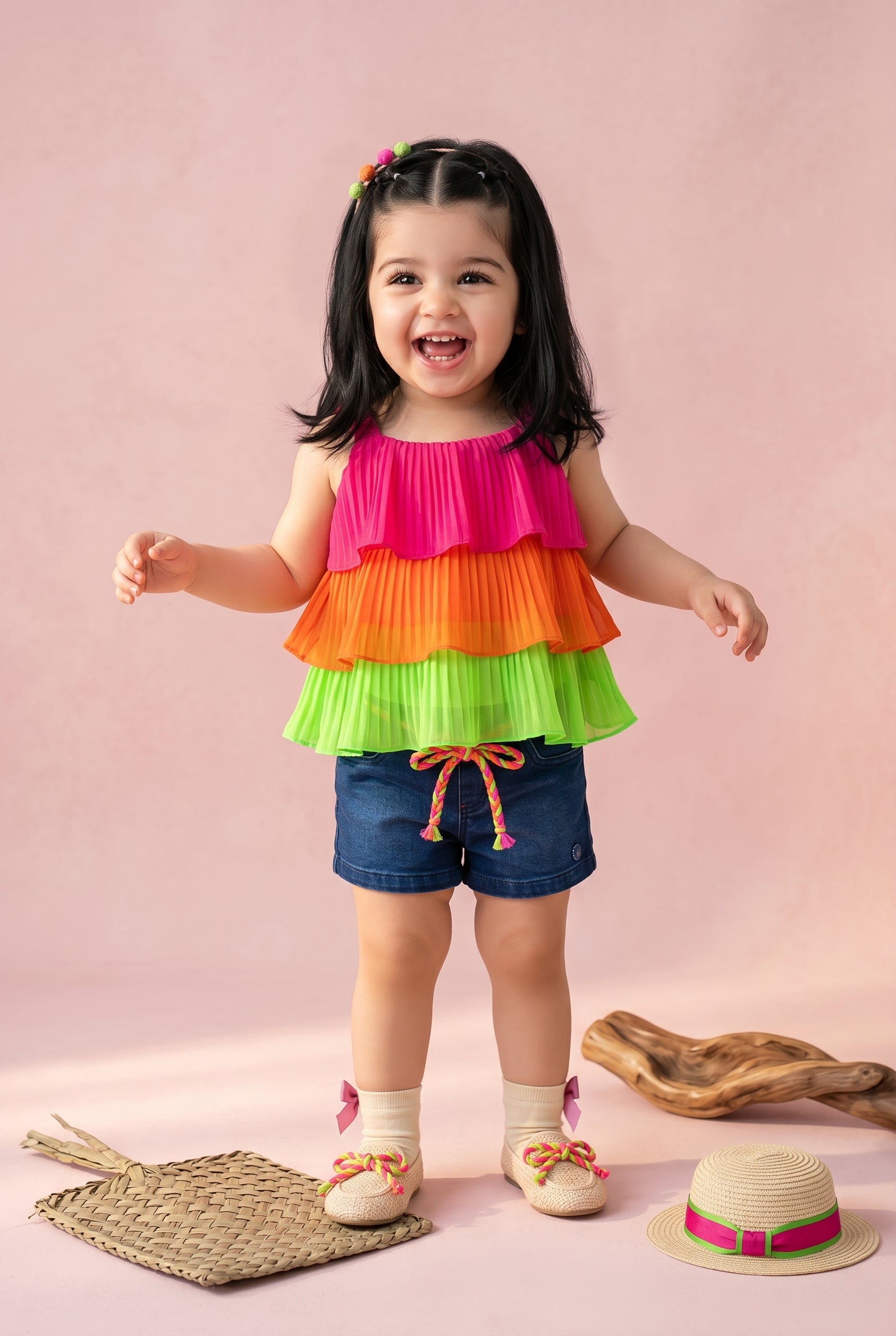 Neon Tiered Ruffle Top with Denim Shorts Co-ord Set TSSET40401