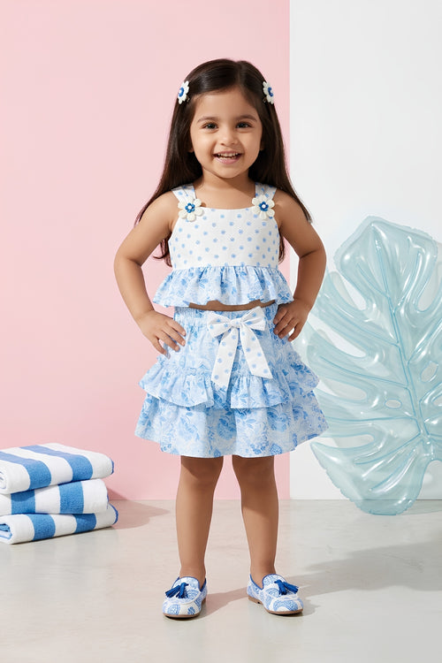 Blue Floral Tiered Ruffle Top & Skirt Set TSSET40402