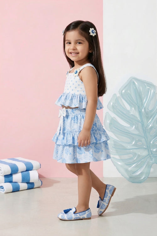 Blue Floral Tiered Ruffle Top & Skirt Set TSSET40402