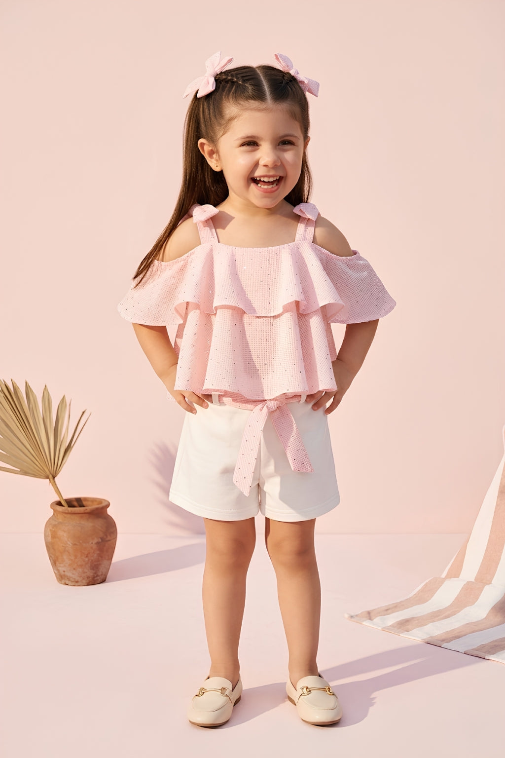 Peach Shimmer Ruffle Top & White Skirt Set TSSET40469