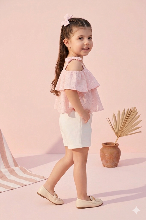 Peach Shimmer Ruffle Top & White Skirt Set TSSET40469