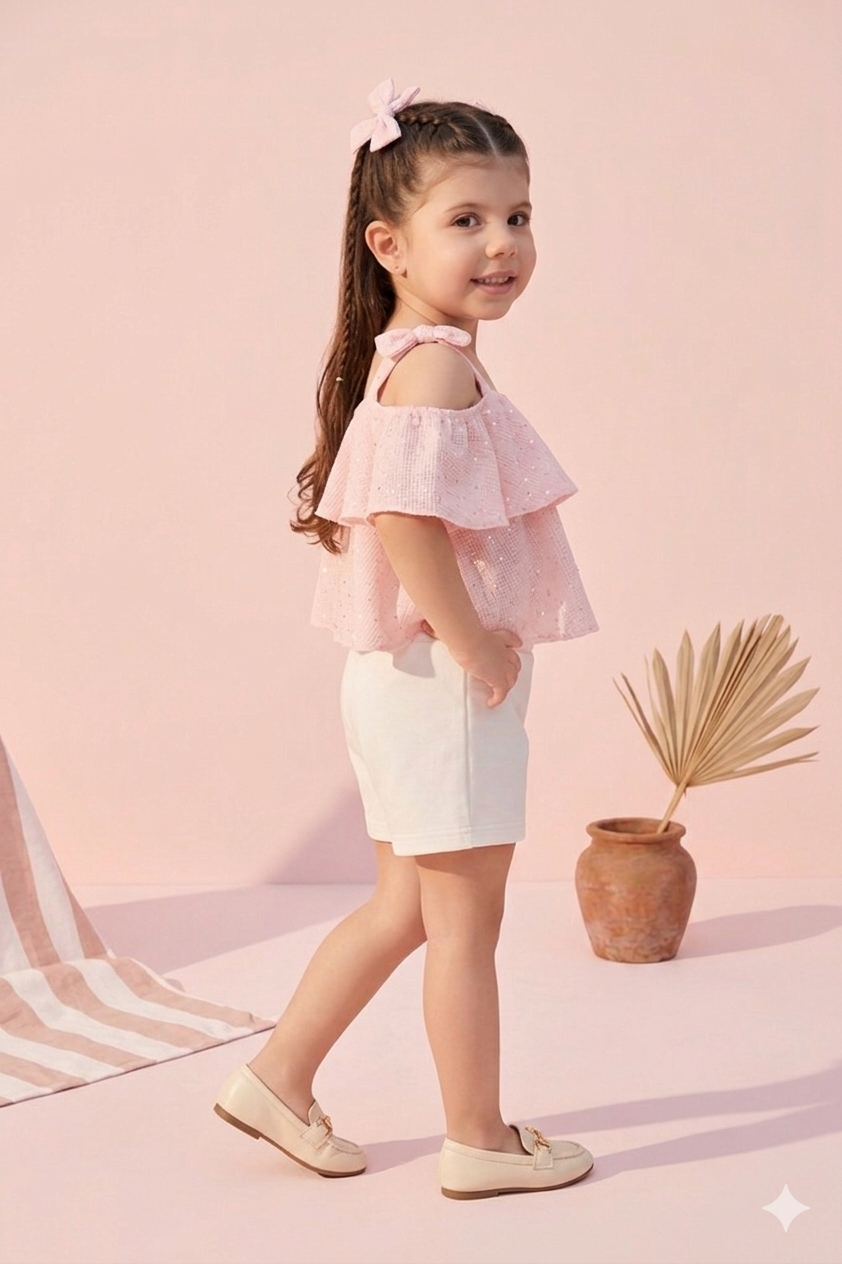 Peach Shimmer Ruffle Top & White Skirt Set TSSET40469