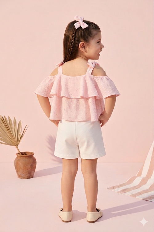 Peach Shimmer Ruffle Top & White Skirt Set TSSET40469