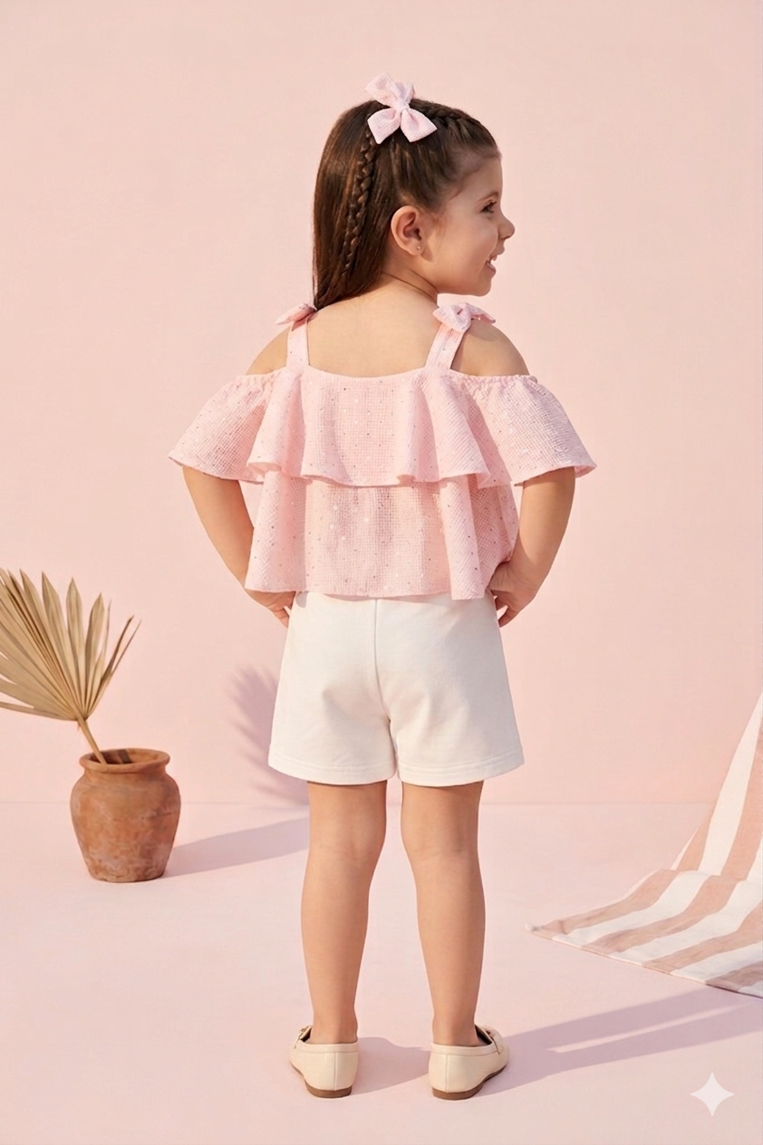 Peach Shimmer Ruffle Top & White Skirt Set TSSET40469
