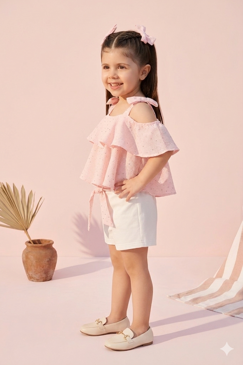 Peach Shimmer Ruffle Top & White Skirt Set TSSET40469