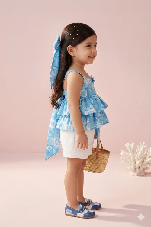 Blue Printed Ruffle Top with Shorts Set TSSET40490