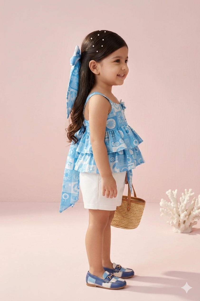 Blue Printed Ruffle Top with Shorts Set TSSET40490