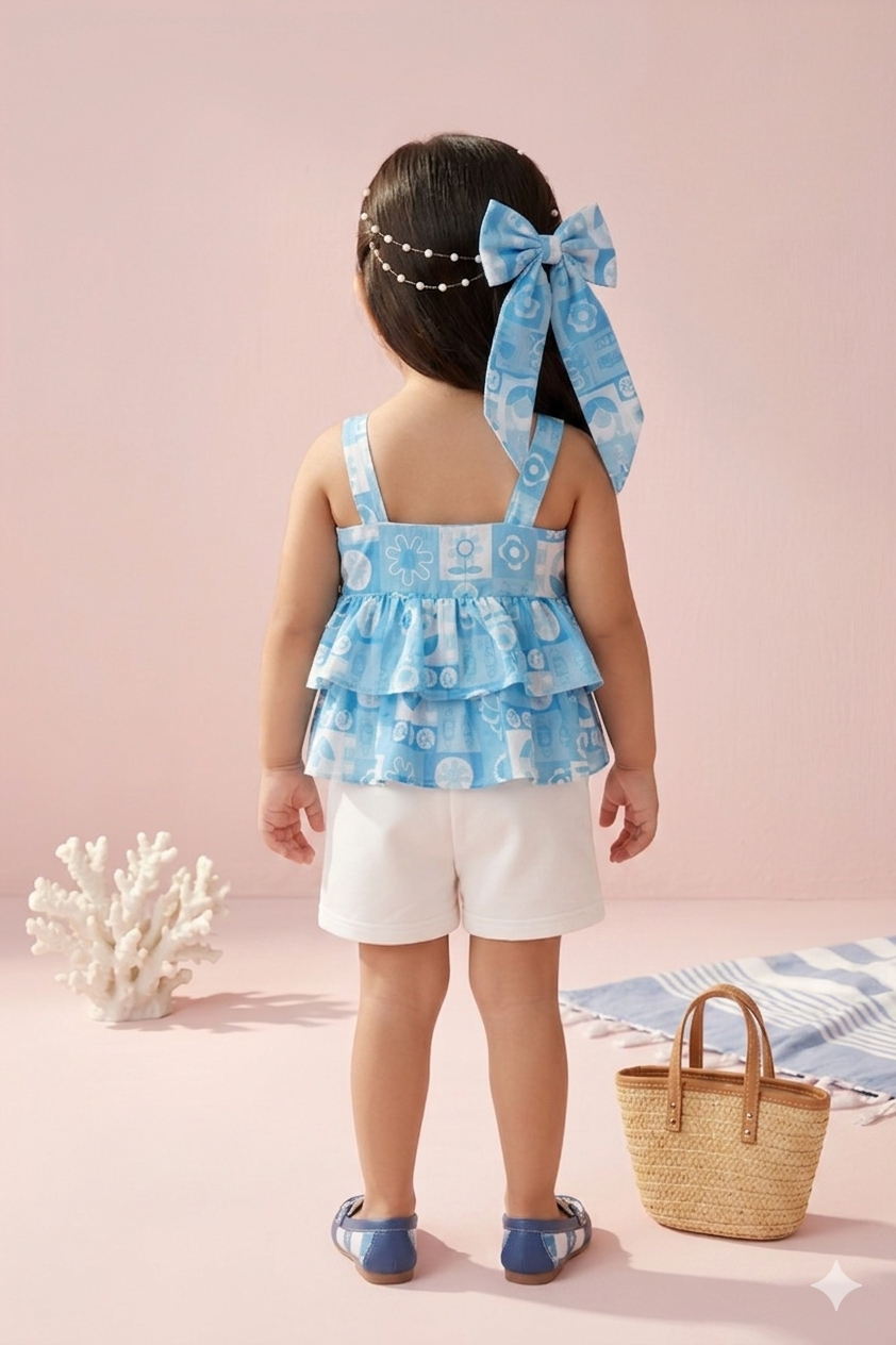 Blue Printed Ruffle Top with Shorts Set TSSET40490