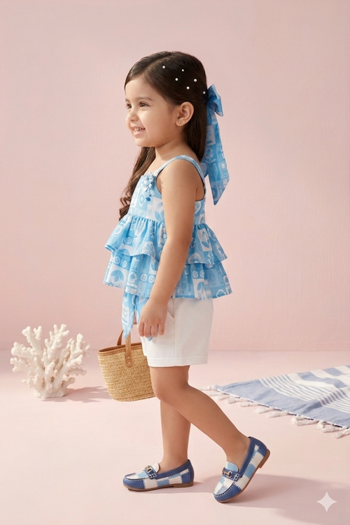 Blue Printed Ruffle Top with Shorts Set TSSET40490