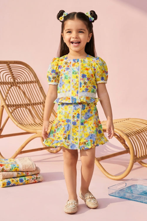 Yellow Floral Peplum Top & Skirt Set TSSET40499