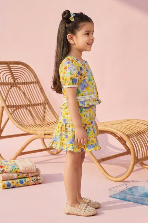 Yellow Floral Peplum Top & Skirt Set TSSET40499