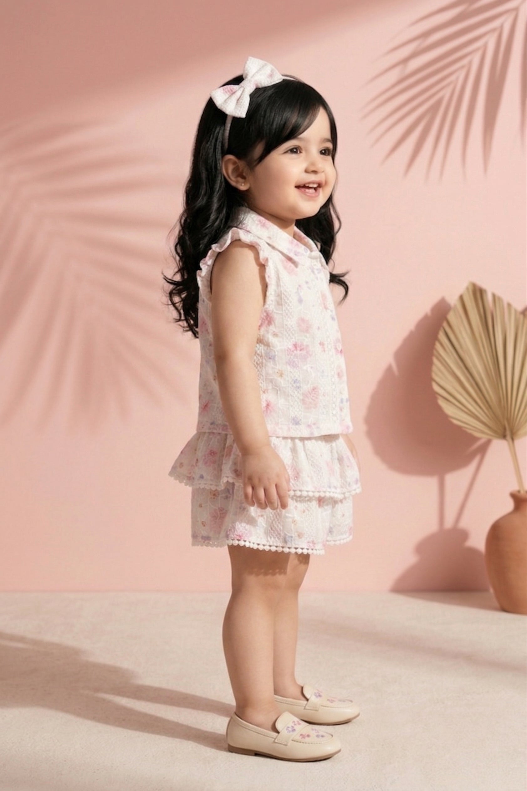 Pink Floral Lace Top & Tiered Skirt Set TSSET40501