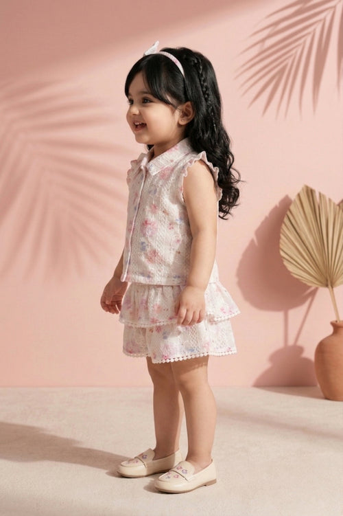 Pink Floral Lace Top & Tiered Skirt Set TSSET40501
