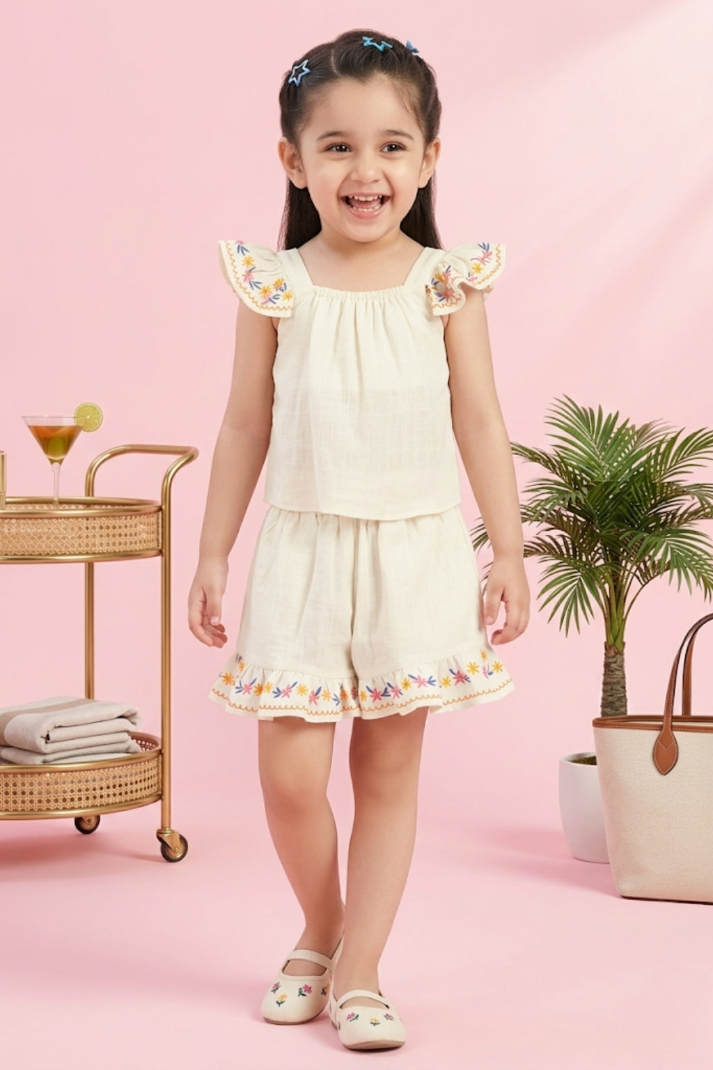 Girls Flared Sleeves Embroidered Top & Shorts Set TSSET40502