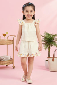 Girls Flared Sleeves Embroidered Top & Shorts Set TSSET40502