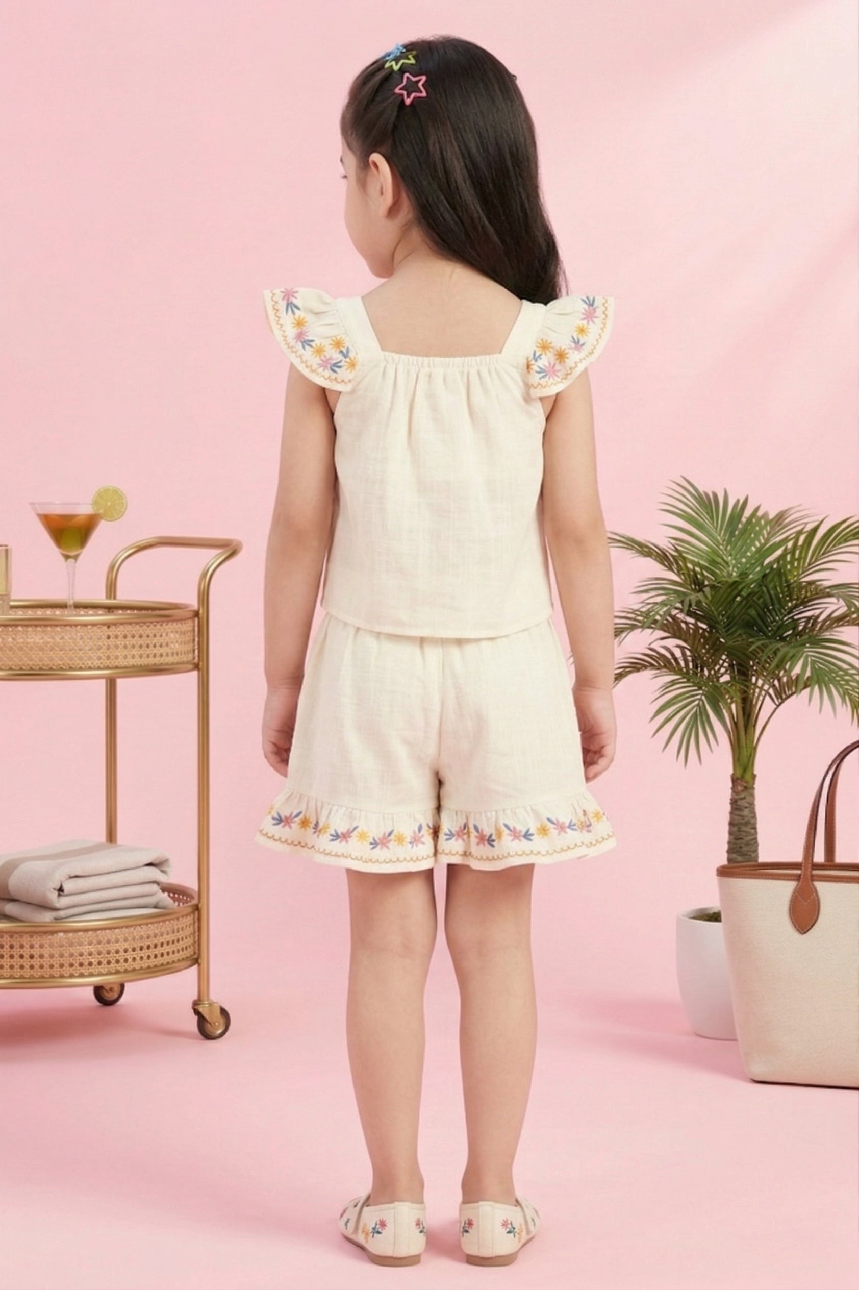 Girls Flared Sleeves Embroidered Top & Shorts Set TSSET40502