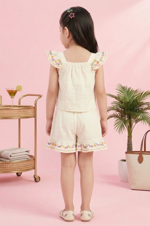 Girls Flared Sleeves Embroidered Top & Shorts Set TSSET40502