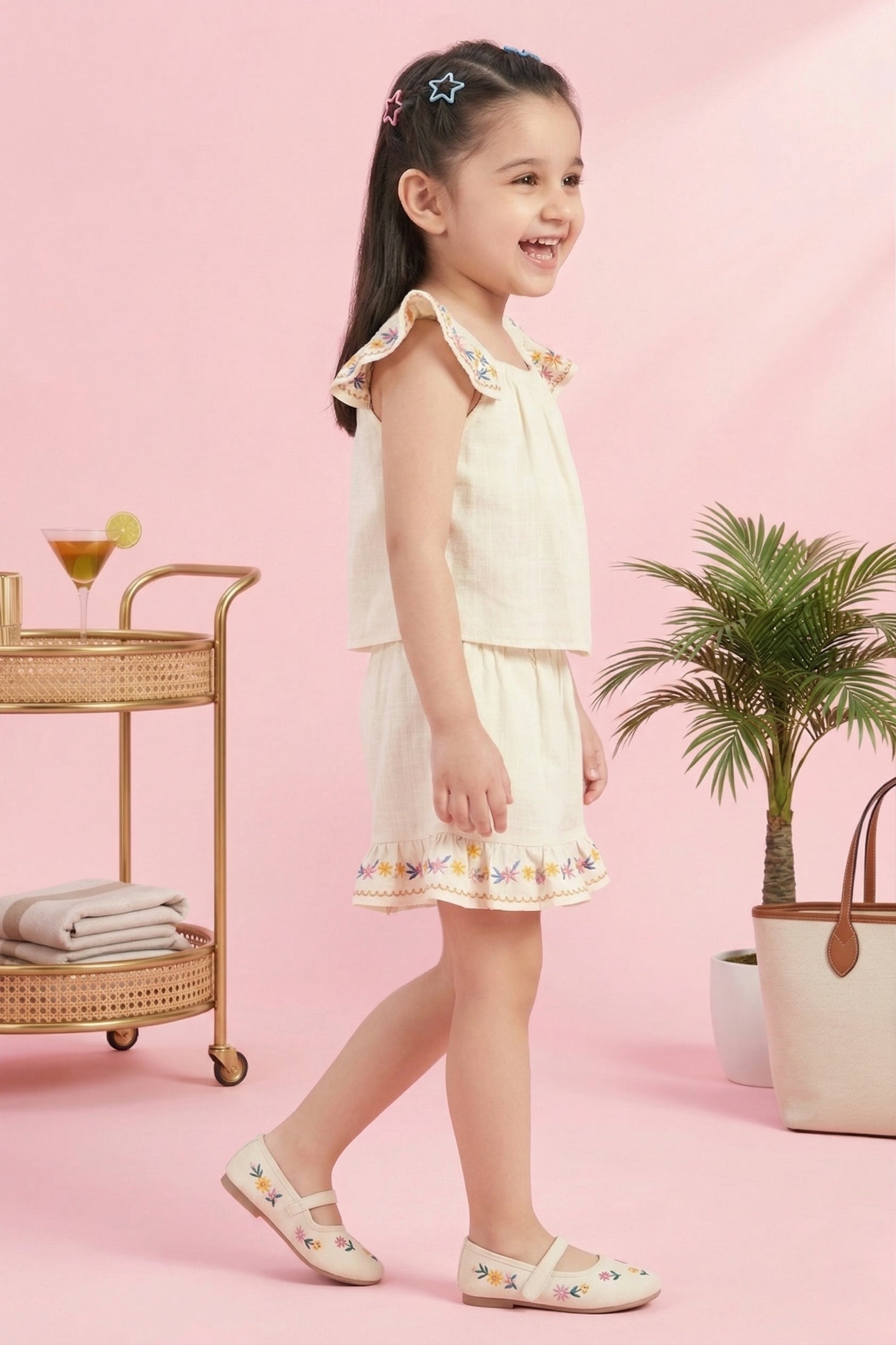 Girls Flared Sleeves Embroidered Top & Shorts Set TSSET40502