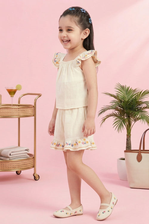 Girls Flared Sleeves Embroidered Top & Shorts Set TSSET40502