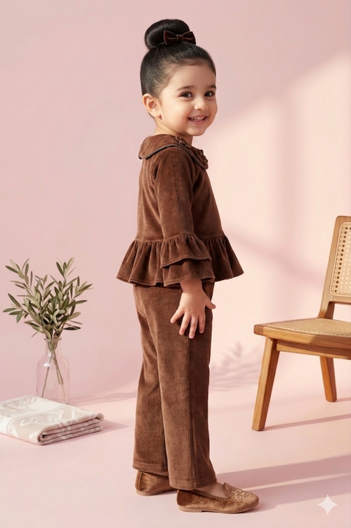Chocolate Velvet Ruffle Top & Flared Pants Set TSSET40530