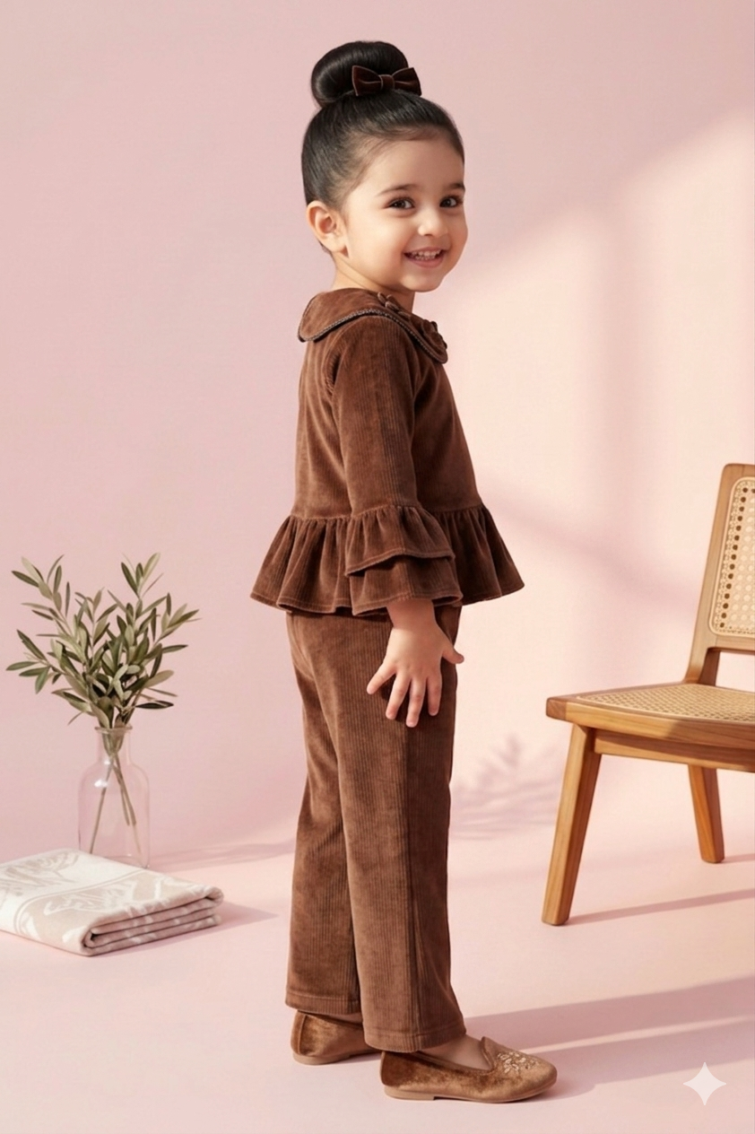 Chocolate Velvet Ruffle Top & Flared Pants Set TSSET40530