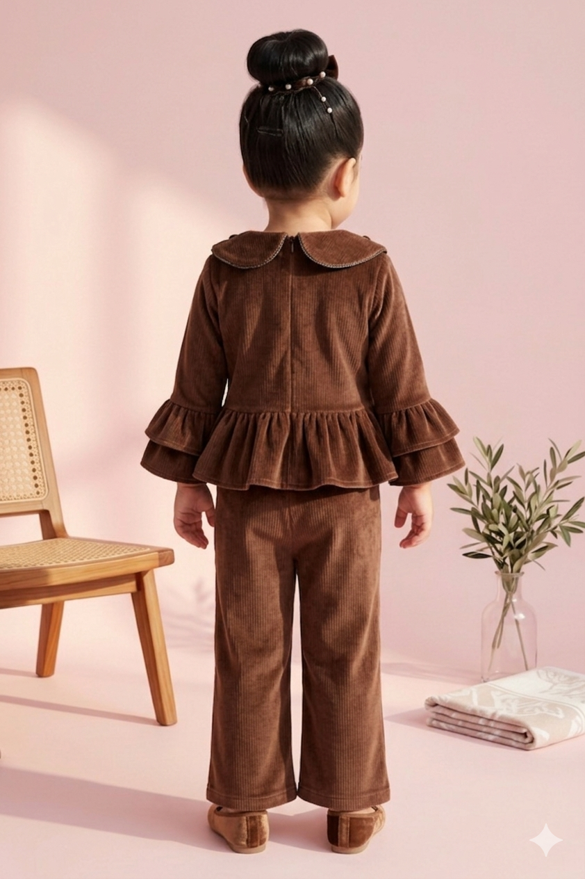 Chocolate Velvet Ruffle Top & Flared Pants Set TSSET40530