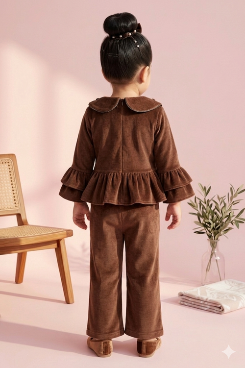 Chocolate Velvet Ruffle Top & Flared Pants Set TSSET40530