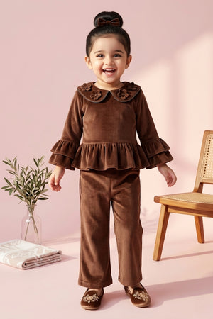 Chocolate Velvet Ruffle Top & Flared Pants Set TSSET40530