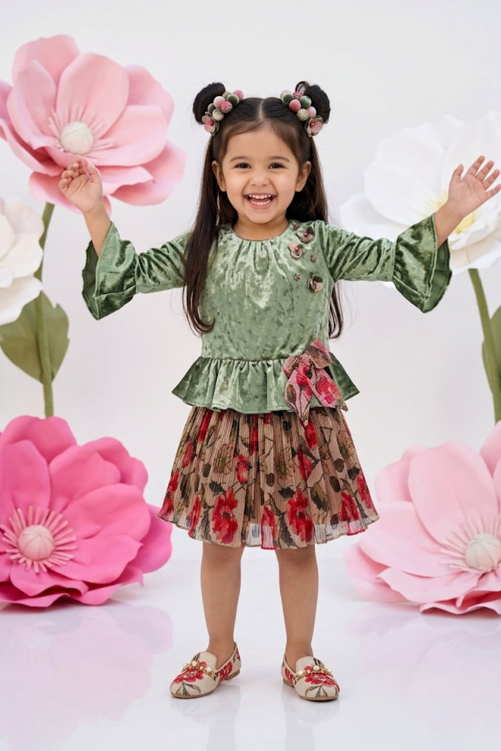 Olive Velvet Peplum Top & Floral Skirt Set TSSET40532