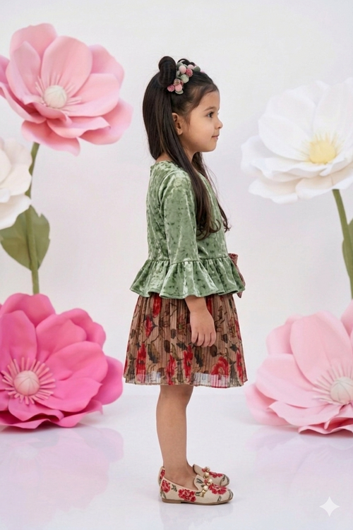 Olive Velvet Peplum Top & Floral Skirt Set TSSET40532