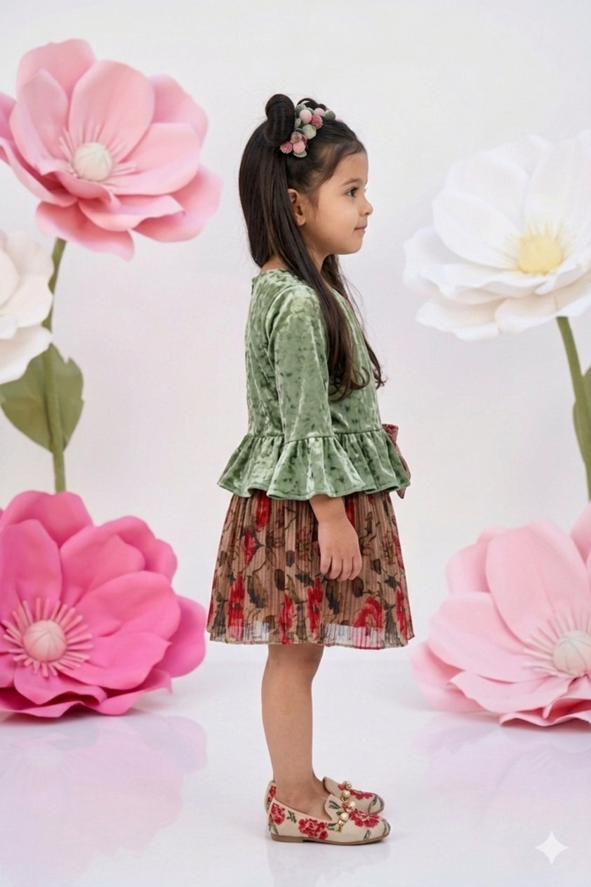 Olive Velvet Peplum Top & Floral Skirt Set TSSET40532