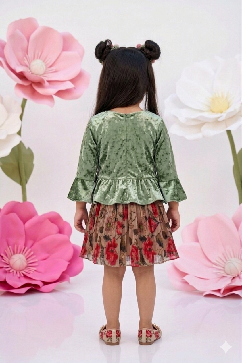 Olive Velvet Peplum Top & Floral Skirt Set TSSET40532