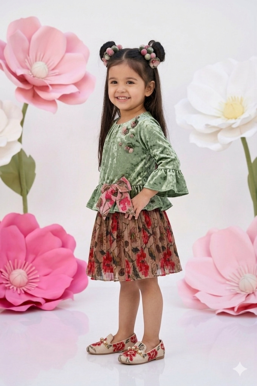 Olive Velvet Peplum Top & Floral Skirt Set TSSET40532