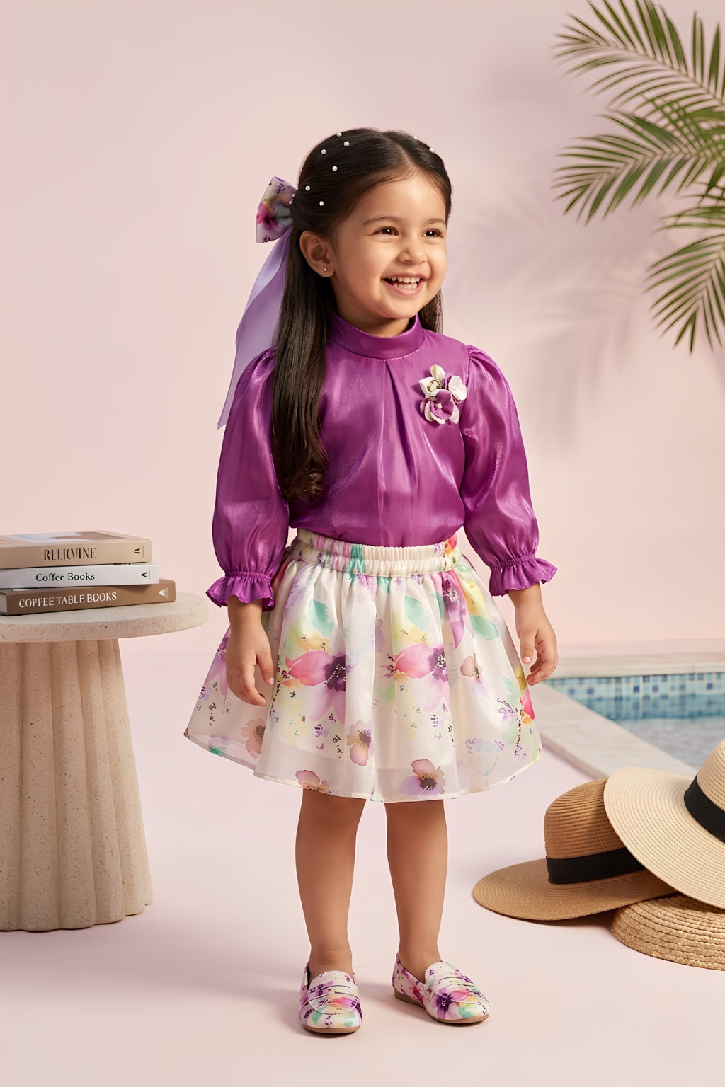 Purple Satin Puff Sleeve Top with Floral Skirt Set TSSET40533