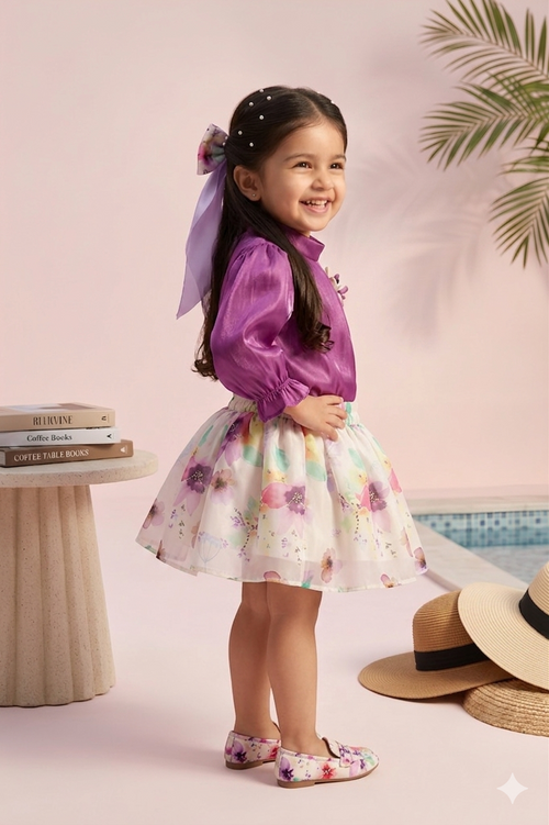 Purple Satin Puff Sleeve Top with Floral Skirt Set TSSET40533