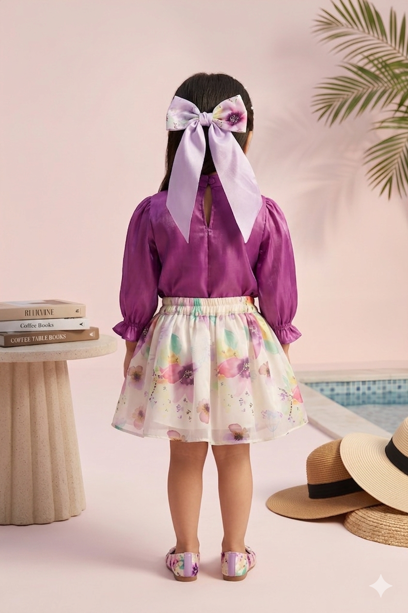 Purple Satin Puff Sleeve Top with Floral Skirt Set TSSET40533