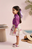 Purple Satin Puff Sleeve Top with Floral Skirt Set TSSET40533
