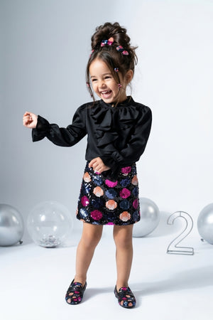 Black Ruffle Blouse & Sequin Skirt Set TSSET40534