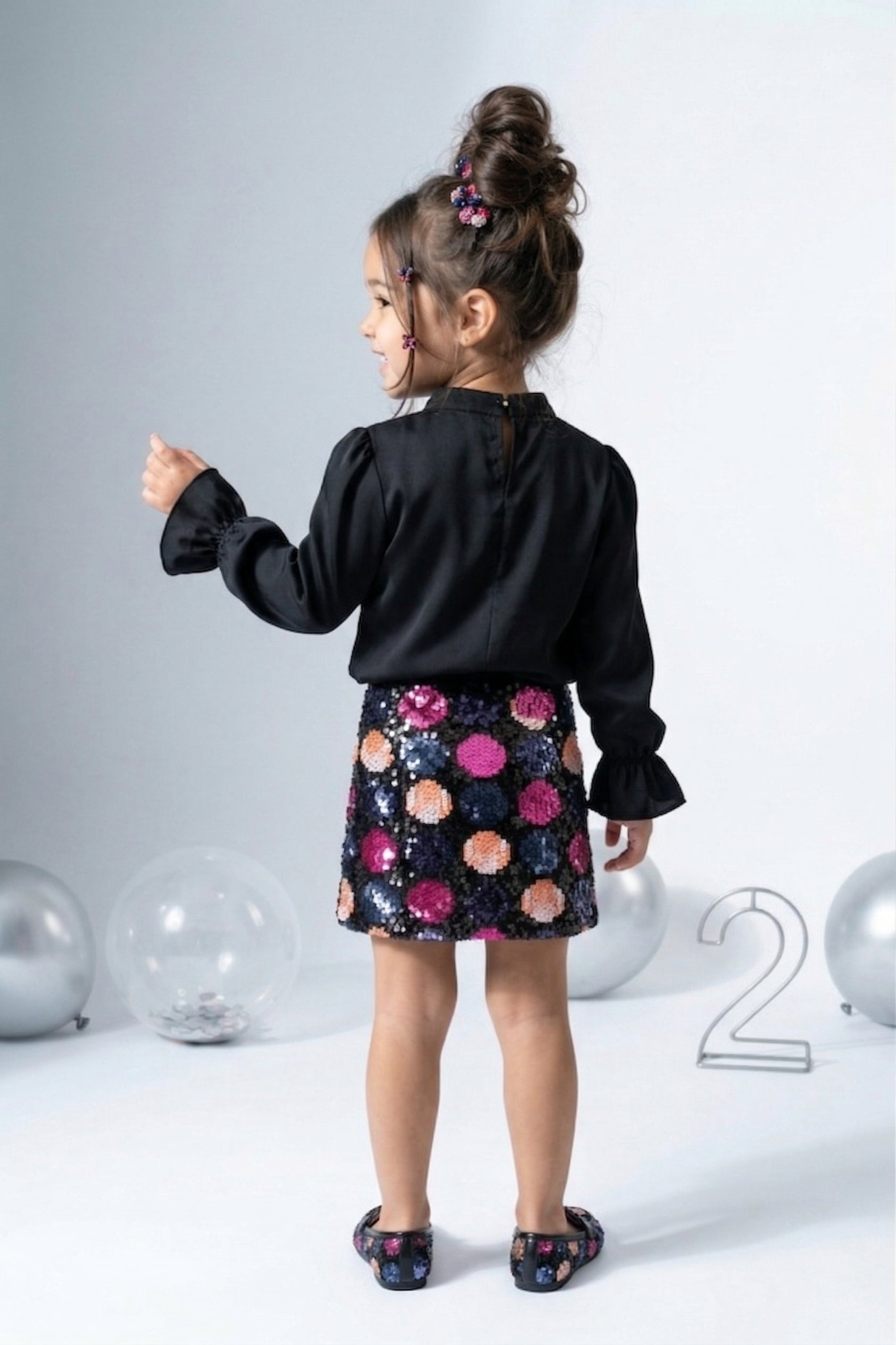 Black Ruffle Blouse & Sequin Skirt Set TSSET40534