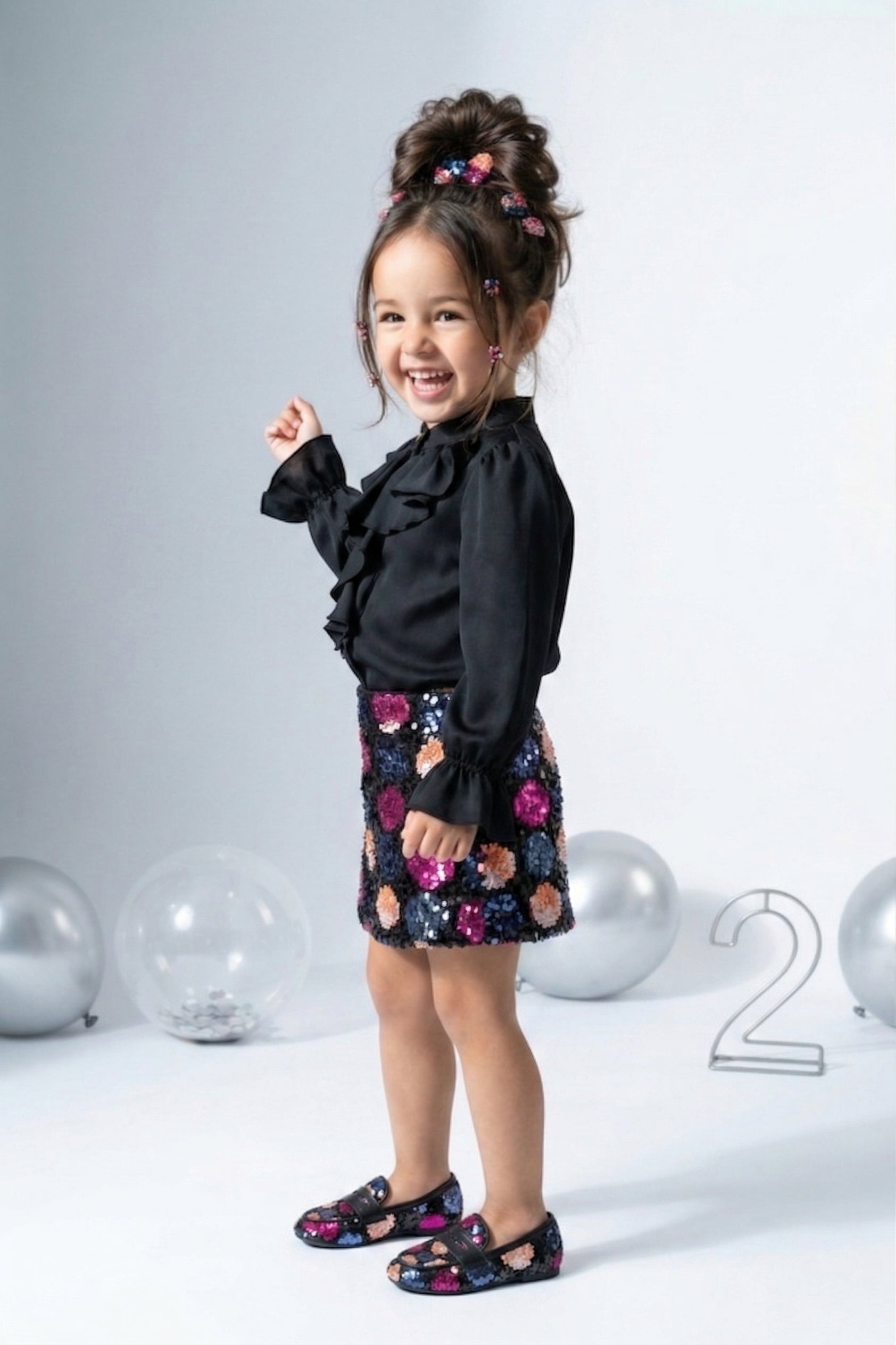 Black Ruffle Blouse & Sequin Skirt Set TSSET40534