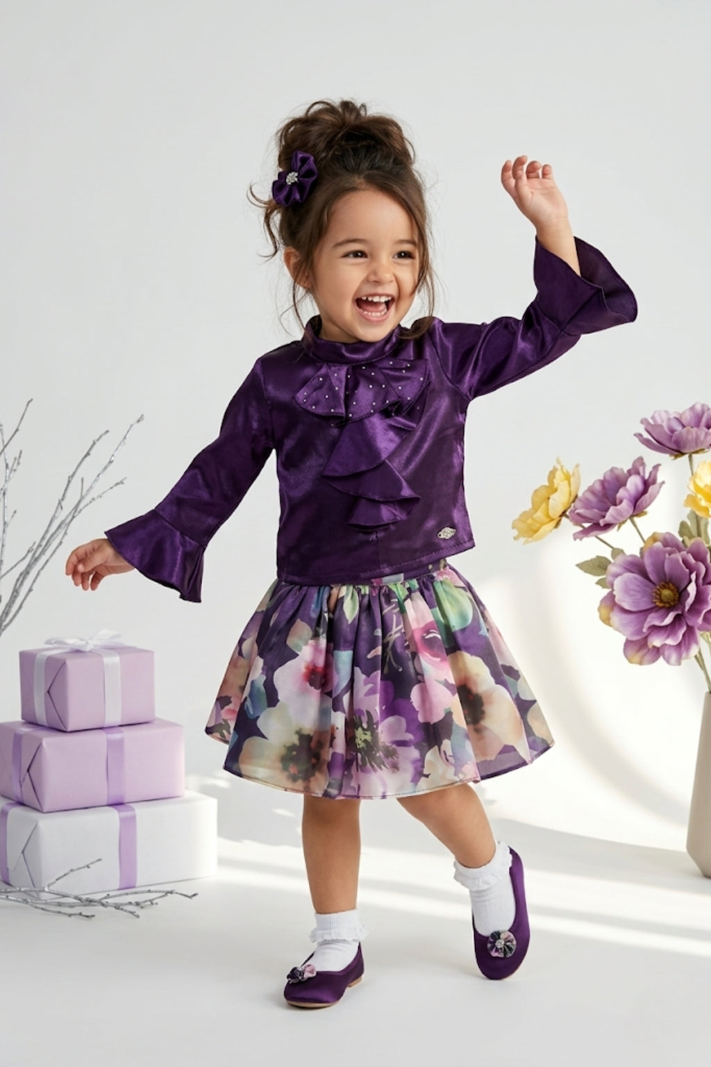 Plum Ruffle Top & Floral Skirt Set TSSET40535