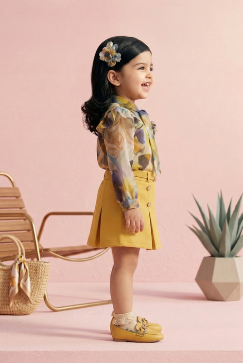 Girls Olive Floral Blouse & Mustard Skirt Set TSSET40546