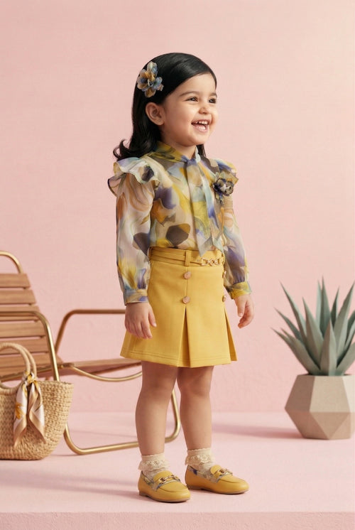 Girls Olive Floral Blouse & Mustard Skirt Set TSSET40546