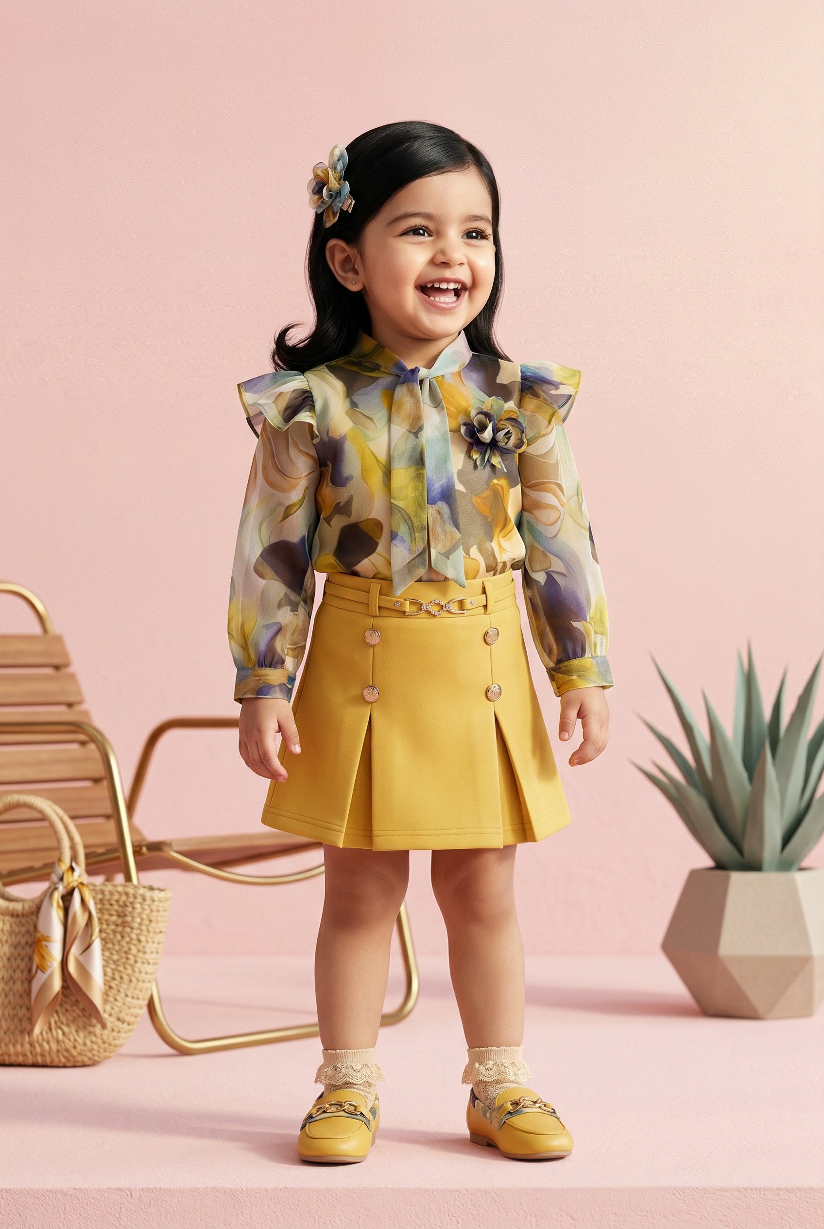 Girls Olive Floral Blouse & Mustard Skirt Set TSSET40546