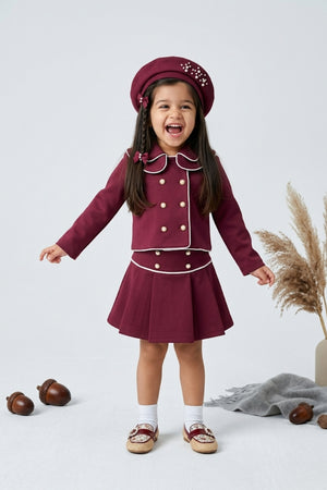 Burgundy Sailor Collar Jacket & Pleated Skirt Set TSSET40553