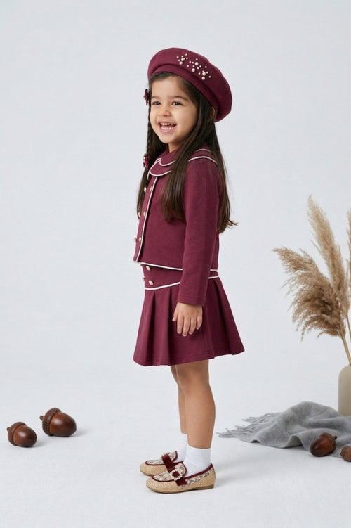Burgundy Sailor Collar Jacket & Pleated Skirt Set TSSET40553