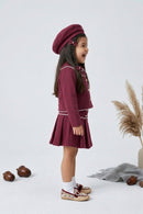 Burgundy Sailor Collar Jacket & Pleated Skirt Set TSSET40553