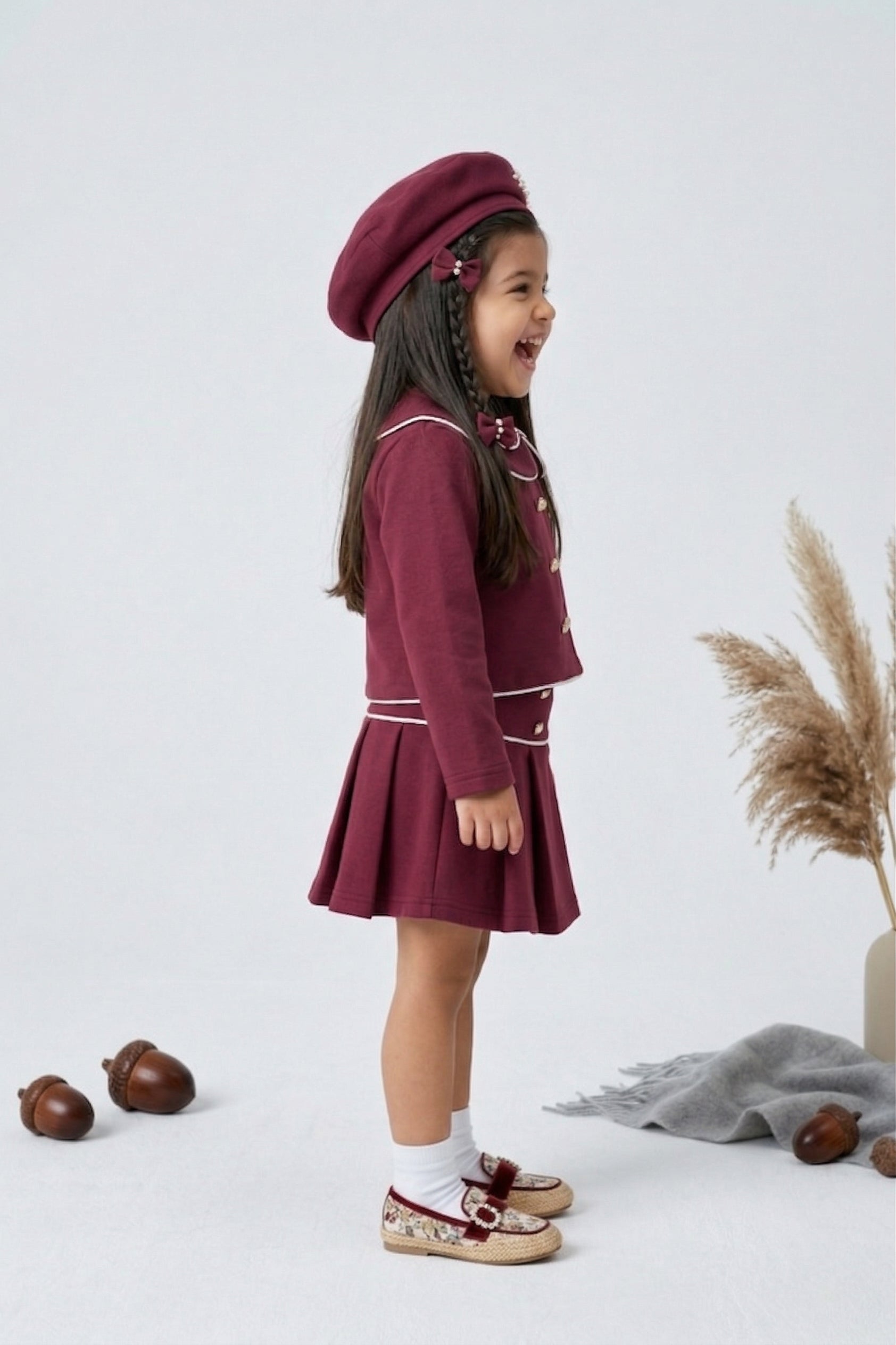 Burgundy Sailor Collar Jacket & Pleated Skirt Set TSSET40553
