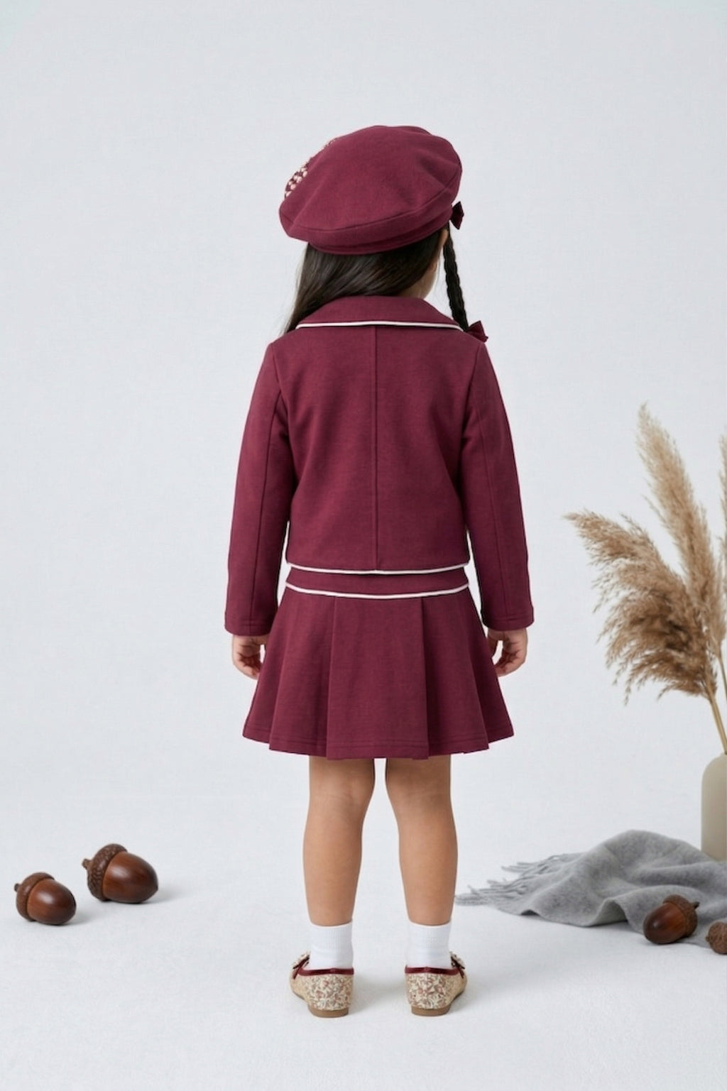 Burgundy Sailor Collar Jacket & Pleated Skirt Set TSSET40553